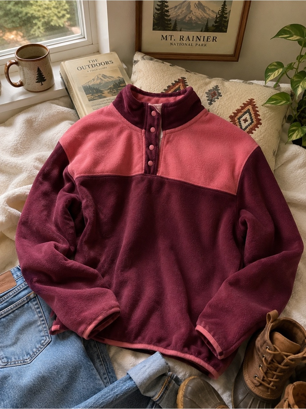 Vintage Burgundy Pink Colorblock Snap Fleece Pullover Cozy‎ Gorpcore